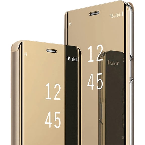 Note 20 Ultra Leather Case for Samsung Galaxy Note20 Ultra 5G, Slim Phone Case Clear View Makeup Mirror Flip Cover, with Kickstand Shockproof Protective Cover for Samsung Note 20 Ultra 5G (Gold)