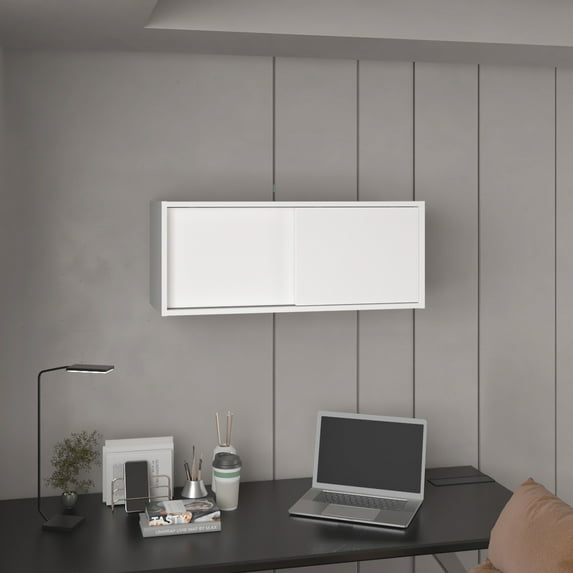 Note 32"W X 13" H Wall Cabinet with Sliding Doors,Wall Shelf,Storage Cabinet,Bedroom,Office,Living Room,Garage,White Particle Board Furniture Office File Cabinets Storage Cabinets