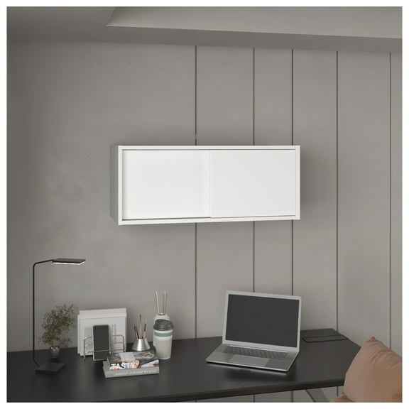 Note 32"W x 13" H Wall Cabinet with Sliding Doors , Wall Shelf, Storage Cabinet, Bedroom, Office, Living Room, Garage White + Office + Shelves Included + Modern + Particle Board