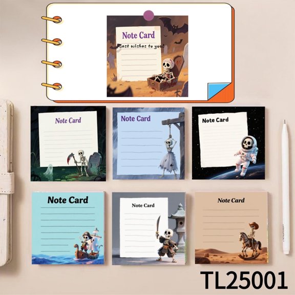 Note Card with Adorable Samurai Skeleton Design - Perfect for Reminders (3.54×3.54 Inches) 100-Pack with105 Emoticon Stickers, Quickly Jotting Down Reminders, Perfect for Neat Note - Making