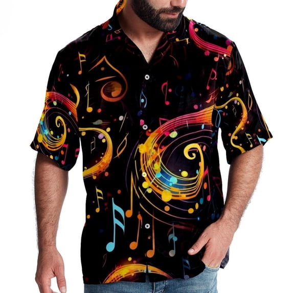 Note Men's Casual Poplin Printed Button Down Short Sleeve Summer Beach Shirts - Unisex