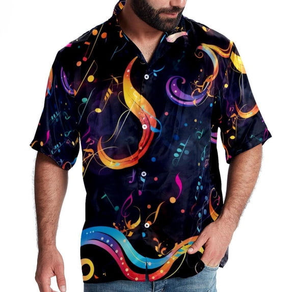 Note Men's Poplin Shirt, Casual Short Sleeve Printed Button Down Summer Beach Unisex Shirts