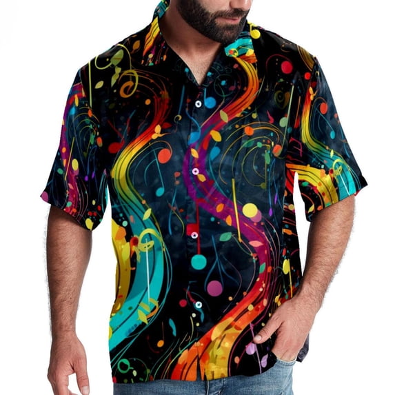 Note Men's Short Sleeve Beach Shirts, Casual Printed Button Down, Summer Unisex Spread Collar Tops