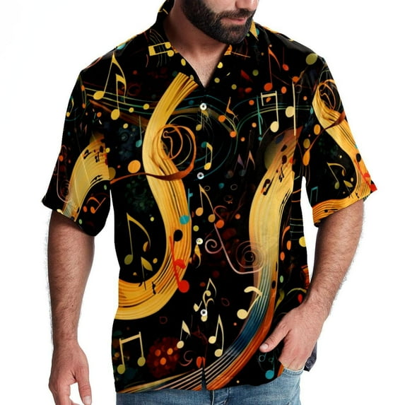 Note Men's Short Sleeve Hawaiian Shirt Button Down Poplin Beach Casual Printed Unisex Summer Tops