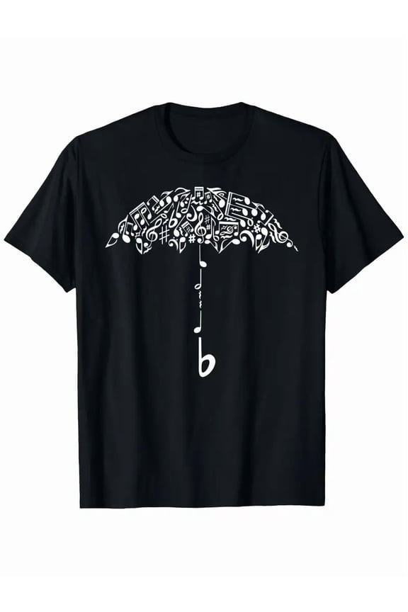 Note Rain Umbrella Graphic T-Shirt - Black with White Musical Notation
