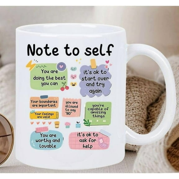 Note To Self Care Coffee Mug, White Ceramic Mug With Positive Affirmations In Pastel Colors, Mental Health & Self-Love Reminder, Gift For Women, Teens, Friends, White Ceramic, 11OZ