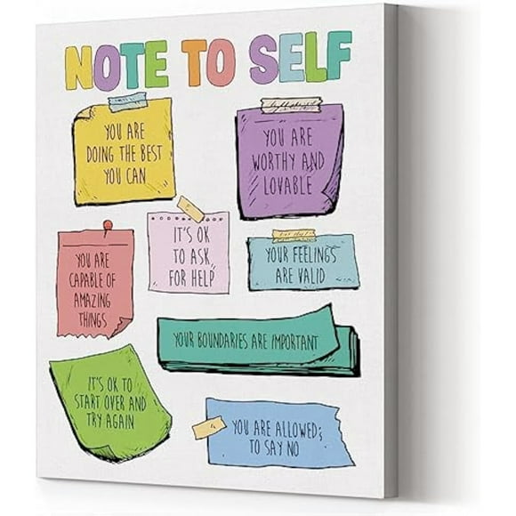 Note to Self Mental Health Canvas Wall Art Poster, Self Love Reminders Self Care Painting Artwork Framed for Counseling Therapist Office Decor 8x12 Inch