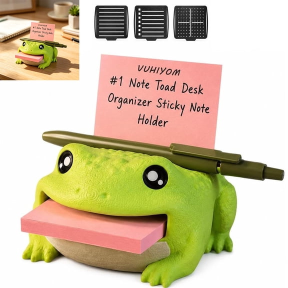 Note Toad Desk Organizer Sticky Note Holder, Cute Frog Desk Organizer for 3 X 3 in Sticky Notes with Pen Rest 3 Writing Stencils in for Lists