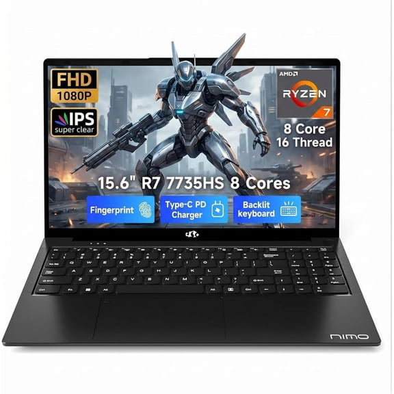 NoteCraft 15.6" FHD Laptop Computer, AMD Ryzen 7 7735HS, 16GB DDR5 RAM, 1TB PCIe 4.0 SSD, Windows11 Home, Fingerprint Reader, Backlit Keyboard, 100W PD, Business PC