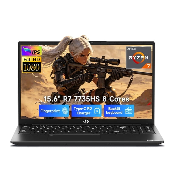 NoteCraft 15.6" FHD Laptop Computer, AMD Ryzen 7 7735HS, 16GB DDR5 RAM, 256GB PCIe 4.0 SSD, Windows11 Home, Fingerprint Reader, Backlit Keyboard, 100W PD, Business PC