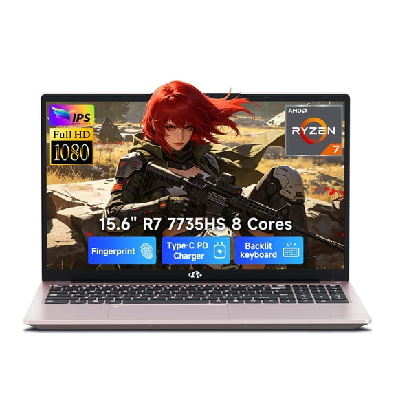 NoteCraft 15.6" FHD Laptop Computer, AMD Ryzen 7 7735HS, 16GB DDR5 RAM, 256GB PCIe 4.0 SSD, Windows11 Home, Fingerprint Reader, Backlit Keyboard, 100W PD, Business PC