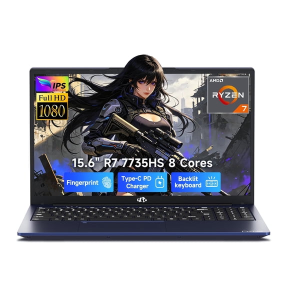 NoteCraft 15.6" FHD Laptop Computer, AMD Ryzen 7 7735HS, 16GB DDR5 RAM, 256GB PCIe 4.0 SSD, Windows11 Home, Fingerprint Reader, Backlit Keyboard, 100W PD, Business PC