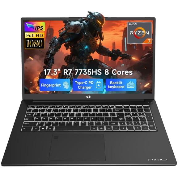 NoteCraft 17.3"" Light-Gaming-Laptop, 8 Cores AMD Ryzen 7 7735HS 32GB RAM 1TB SSD (Beat i7-12650H Up to 4.75GHz) Radeon 680M 100W Fast PD FHD Backlit Keyboard for Content Creators & Student