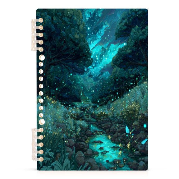 Notebook 8.3x5.7x0.4 Inch Journey Note Diary Hardcover Notebook 60 Pages,80g Paper Writing Smooth and Not Easy to Break Mystic Forest Glowing Blue Fireflies