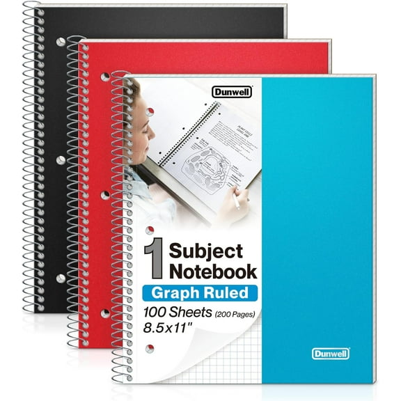 Graph Paper Notebook 8.5 x 11 (3-Pack Red Blue Black) Plastic Cover, 100 Sheets (200 Pages), Perforated 3-Hole Punched, 4x4 Squares, Spiral Notebook, 1/4" Grid, Divider with Pockets