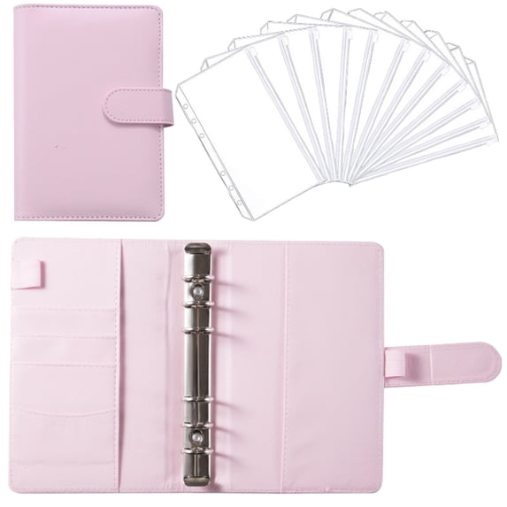 Notebook Binder ,6 Ring Refillable Notebook Budget Planner for A6 Filler Paper,Leather Loose Leaf Personal Planner Wallet Money Organizer Cash Stuffing Binder with Magnetic Buckle Closure(Pink)