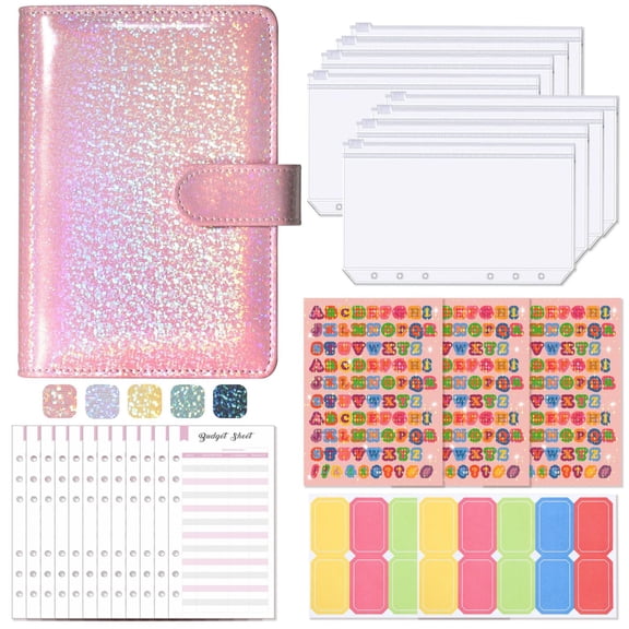 Notebook Binder Pink Starry Mesh PU Leather Planner Personal Organizer Loose Leaf Journal for Writing Notes and Daily Planning Aesthetic Stationery Accessory