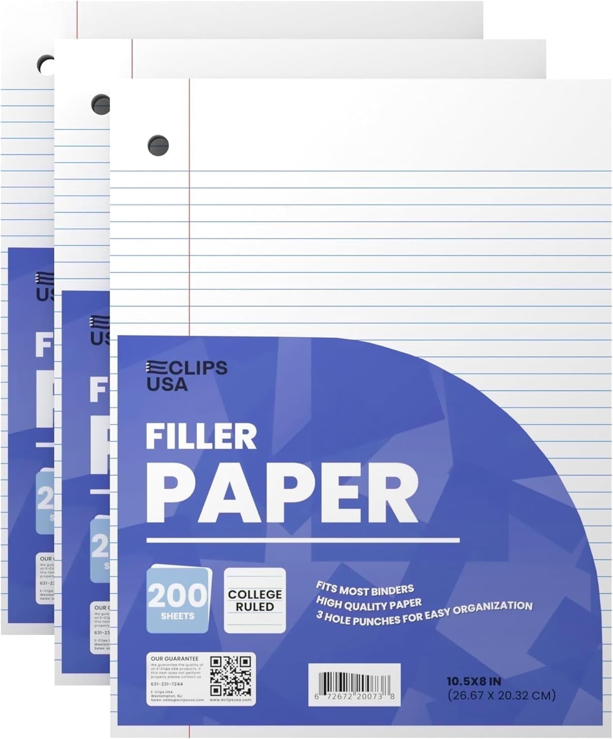 Note Pade Paper E-Clips USA, Notebook Paper, 200-Sheet, College Ruled 10.5x8 inches ...