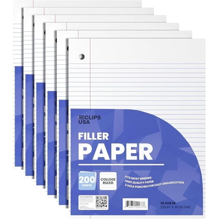 E-Clips USA 200-Sheet College Ruled Notebook Paper, 60 GSM Loose Leaf Paper, 6-Pack