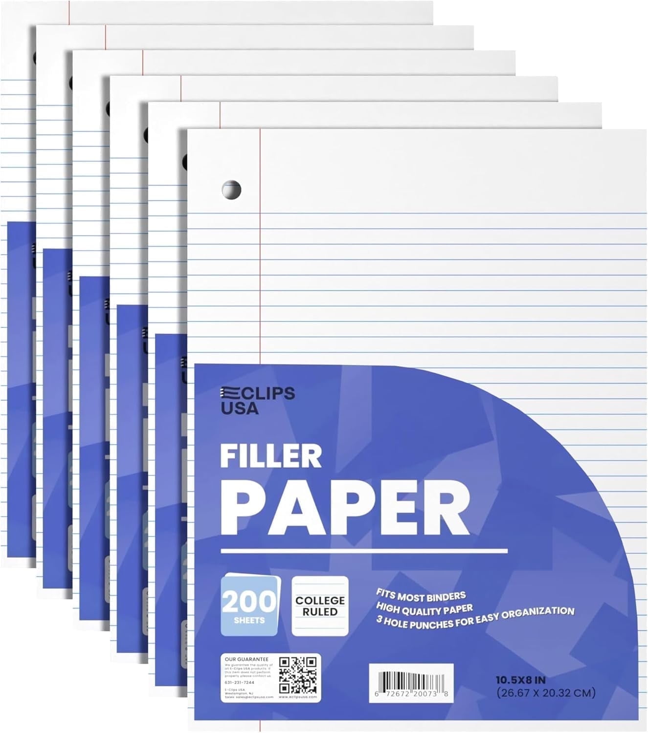 EClips USA 200Sheet College Ruled Notebook Paper, 60 GSM Loose Leaf