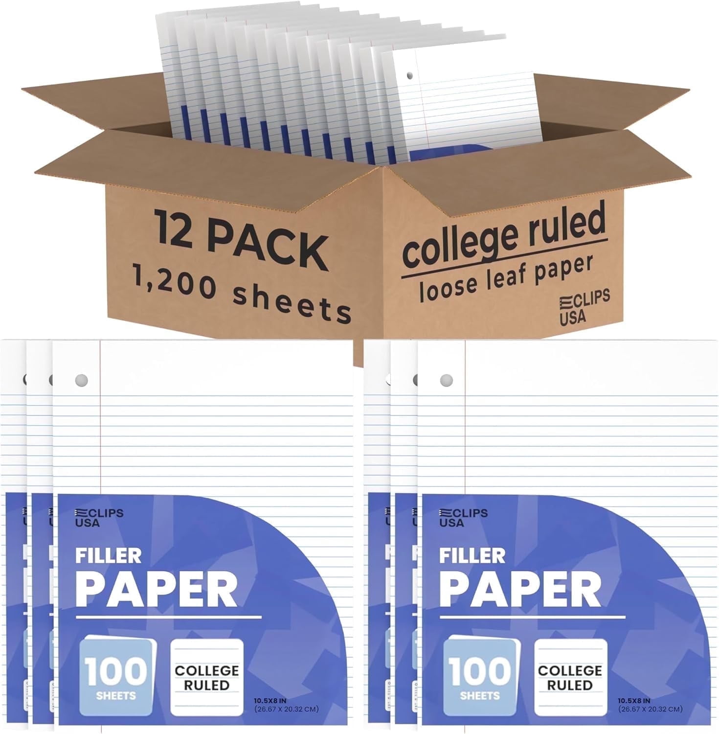 E-Clips USA 100-Sheet Notebook Paper, College-Ruled Loose Leaf Paper, 12-Pack