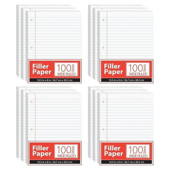 Notebook Paper, Loose Leaf Paper (12 Pack), Wide Ruled Paper, 10.5” x 8”, Filler Paper, 100 Sheets Per Pack, 60 gsm (12 Pack)