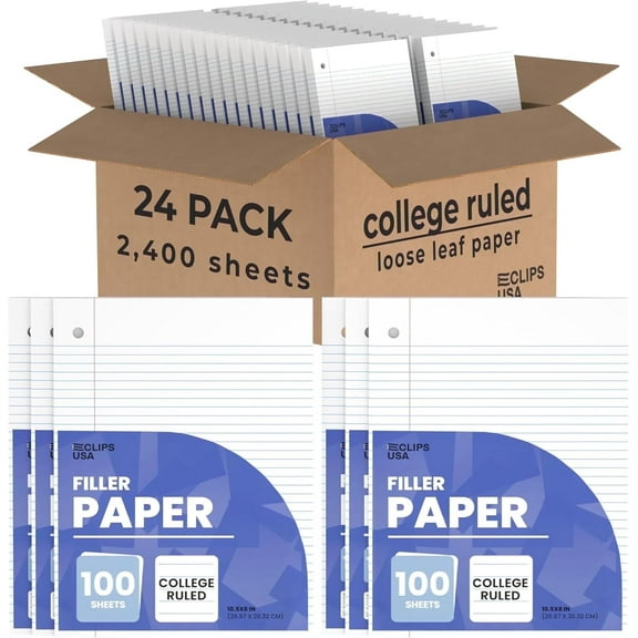 E-Clips USA 100-Sheet Notebook Paper, College-Ruled Loose Leaf Paper, 24-Pack