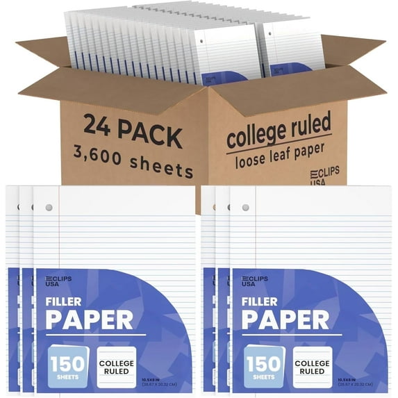 E-Clips USA College Ruled Notebook Paper, 1800 Loose Leaf Paper Sheets, 24-pack