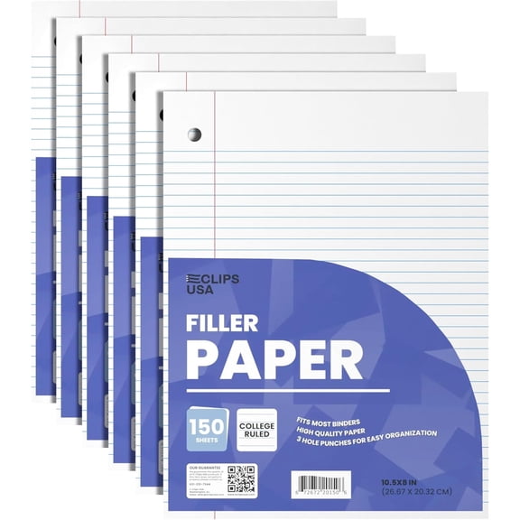 Notebook Paper, Loose Leaf Paper, College Ruled Paper, 10.5 x 8, Filler Paper, High Quality 56 gsm, 150 Sheets Per Pack, 900 Sheets 6 Pack
