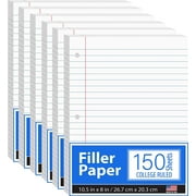 Notebook Paper, Loose Leaf Paper, College Ruled Paper, 10.5 x 8, Filler Paper, High Quality 56 gsm, 150 Sheets Per Pack, 900 Sheets 6 Pack