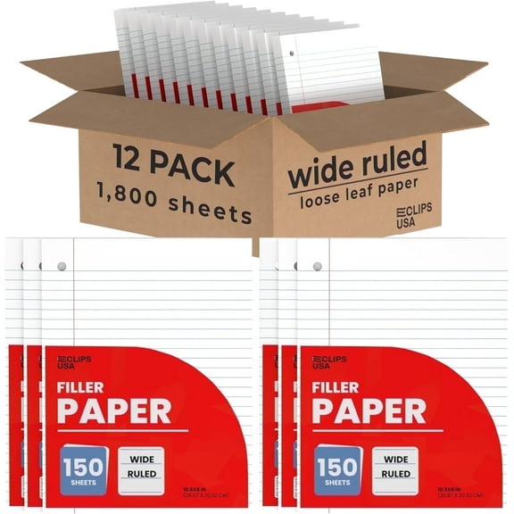 E-Clips USA Wide Ruled Notebook Paper, Loose Leaf Paper Sheets, 10.5” x 8”, 12-Pack