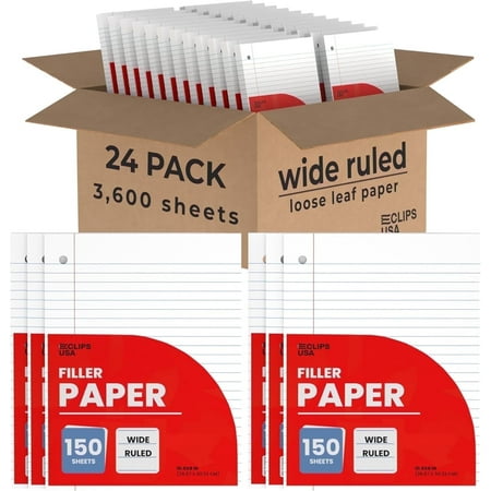 E-Clips USA Wide Ruled Notebook Paper, Loose Leaf Paper Sheets, 10.5” x 8”, 24-Pack