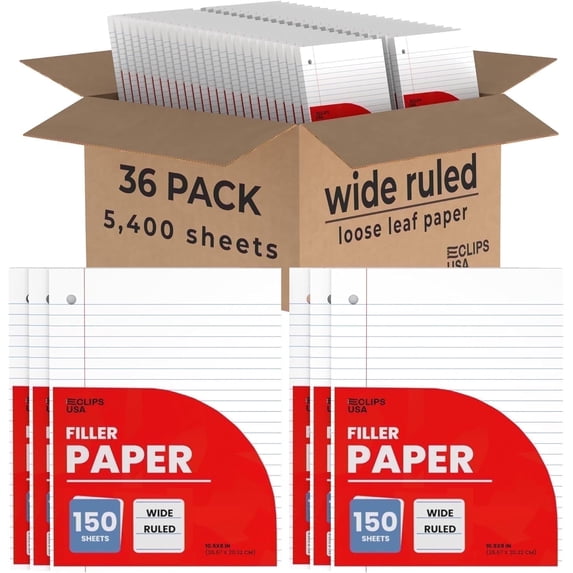 File Sheets Wide Ruled E-Clips USA Wide Ruled Notebook Paper, Loose Leaf Paper Sheets, 10.5” x ...
