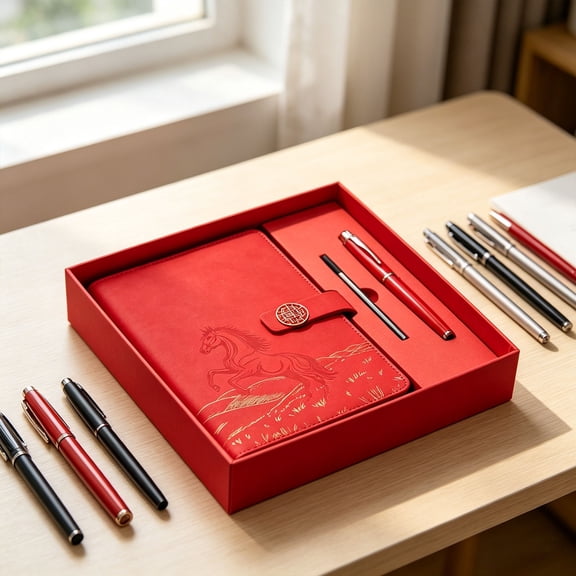 Notebook Pen Set - A5 PU Leather Journal with Gold Foil Pattern - Fountain Pen with Refills - Gift Bag Included - Red