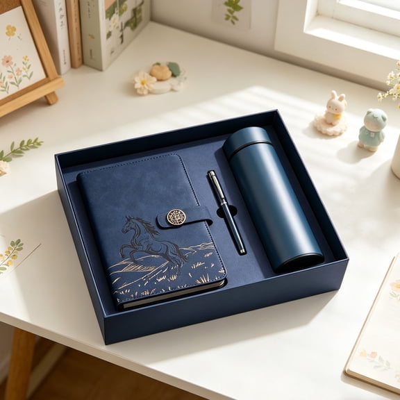 Notebook Pen Thermal Cup Gift Set - A5 PU Leather Journal with Gold Foil Pattern - Fountain Pen and Insulated Mug - Premium Gift Box - Navy Blue