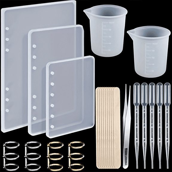 Notebook Resin Casting Molds Kit  4Pcs Silicone Book Cover Molds, Includes 4Pcs Three-Ring Binder Rings, 2Pcs 3.38oz Silicone Measuring Cups, 5Pcs Plastic Transfer Pipettes, 1Pc Epoxy Resin Tweezers