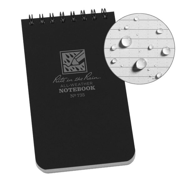 Rite in the Rain All-Weather Top-Spiral Notebook, 3" x 5", Black Cover, Universal Pattern (No. 735)
