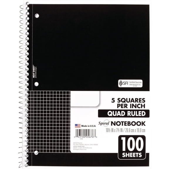 Notebook, single subject, graph paper, 7 1/2" x 10 1/2", 100 sheets