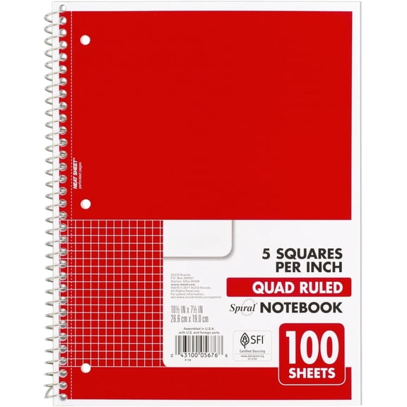 Notebook, single subject, graph paper, 7 1/2" x 10 1/2", 100 sheets