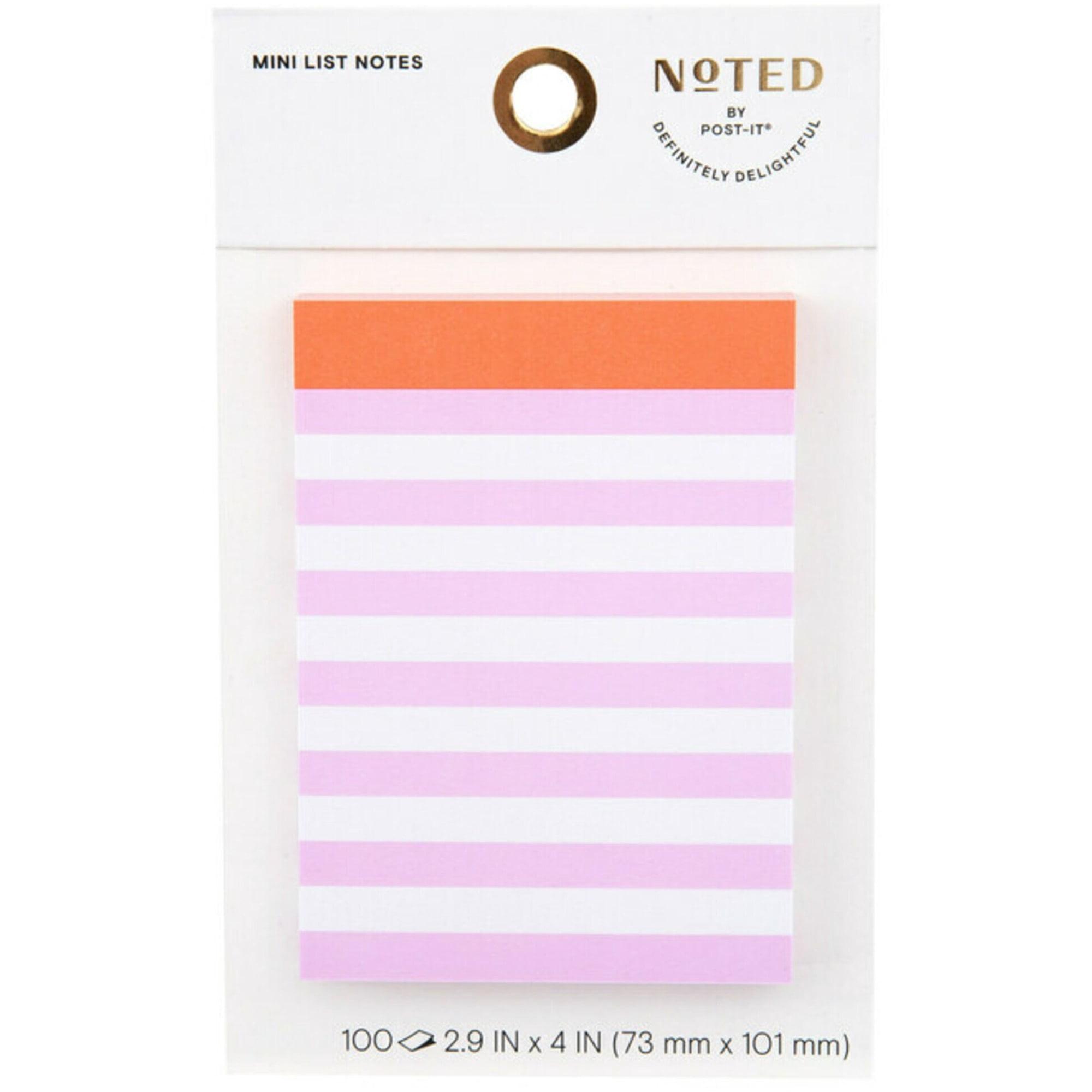 Noted by Post-it Mini List Notes, 2.9" x 4", 100 Sheets, Pink, Orange & White Striped Design