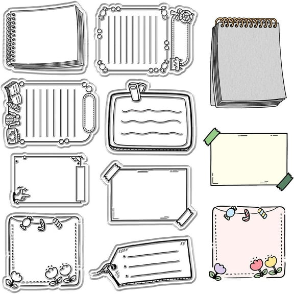 Notepad Clear Rubber Stamps Note Pad Book Label Frame Reusable Retro Transparent Silicone Stamp Seals for Journaling Card Making Scrapbooking Photo Album Decorative DIY White DIY