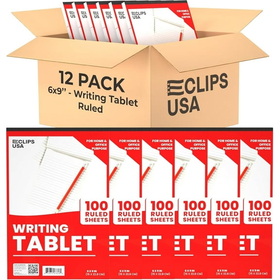 E-CLIPS USA Ruled Writing Tablet Small Note Pads, 9” x 6”, 100-Sheet Pad, 12-Pack