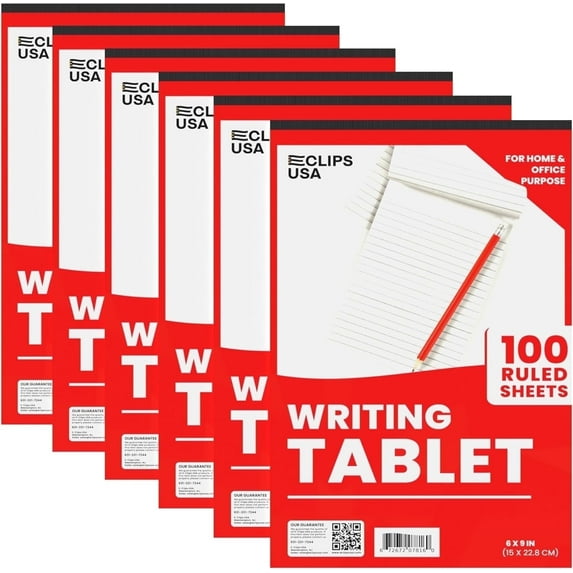 E-CLIPS USA Ruled Writing Tablet Small Note Pads, 9” x 6”, 100-Sheet Pad, 3-Pack