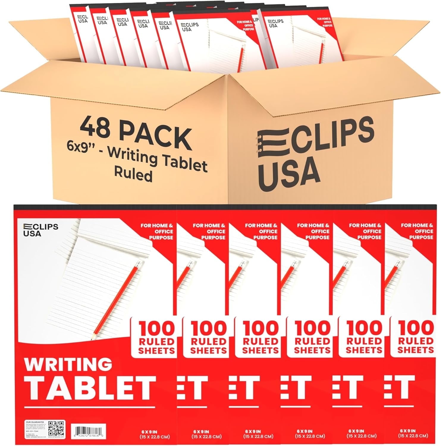 E-CLIPS USA Ruled Writing Tablet Small Note Pads, 9” x 6”, 100-Sheet Pad, 48-Pack