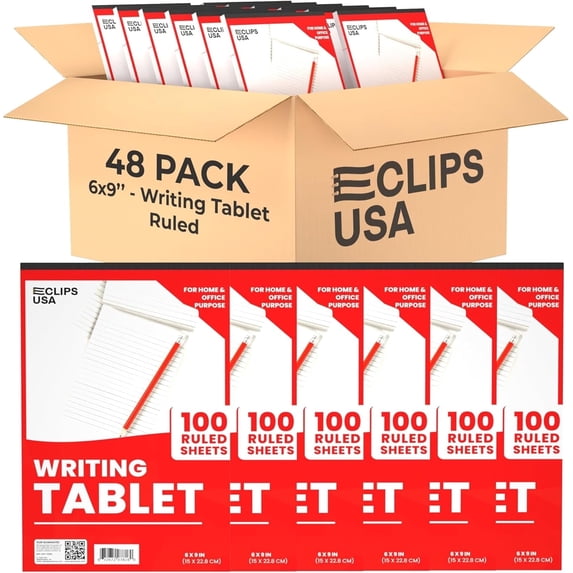 E-CLIPS USA Ruled Writing Tablet Small Note Pads, 9” x 6”, 100-Sheet Pad, 48-Pack