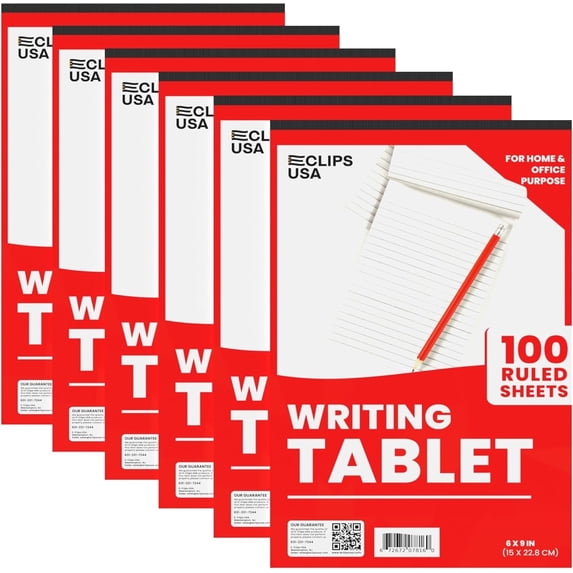 E-CLIPS USA Ruled Writing Tablet Small Note Pads, 9” x 6”, 100-Sheet Pad, 6-Pack