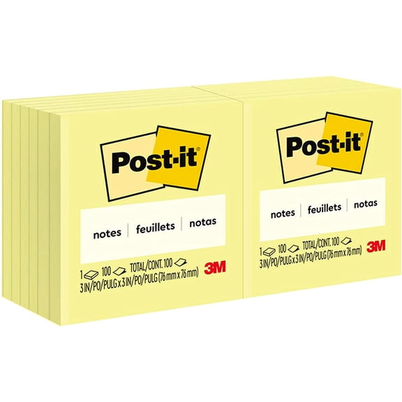 Notes 3x3 in, 12 Pads, America's #1 Favorite Sticky Notes, Canary Yellow, Clean Removal, Recyclable (654)