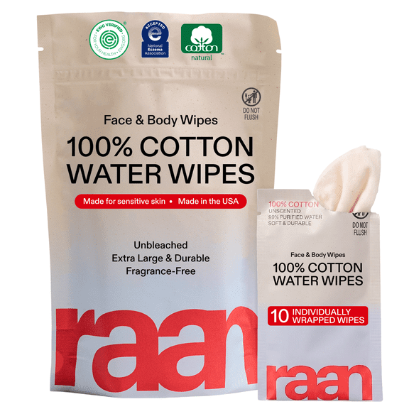 Raan 100% Cotton Water Wipes, Face Wipes for Sensitive Skin, 10 Count (Individual Pocket Wipes)