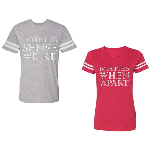 Nothing Sense Makes When A Part Unisex Couple Matching Cotton Jersey style T-Shirt Contrasting stripes on sleeves (Men Heather / Women Red) (Men L / Women XL)
