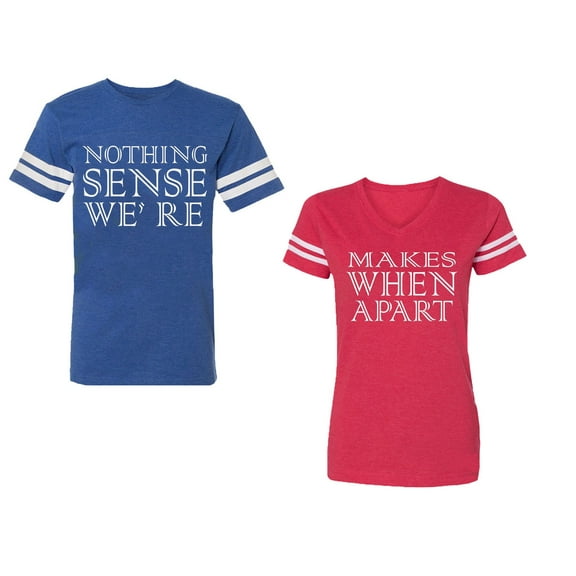 Nothing Sense Makes When A Part Unisex Couple Matching Cotton Jersey style T-Shirt Contrasting stripes on sleeves (Men Royal / Women Red) (Men L / Women S)